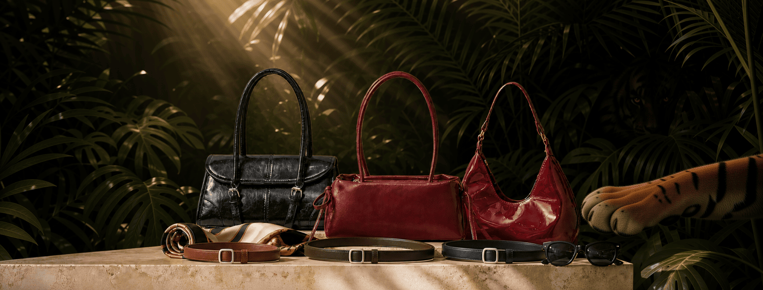 Glowbagh handbags, belts and sunglasses displayed on a stone ledge in a sunlit tropical jungle setting