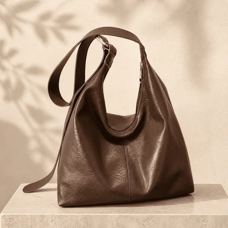 Brown large capacity tote bag on a stone ledge
